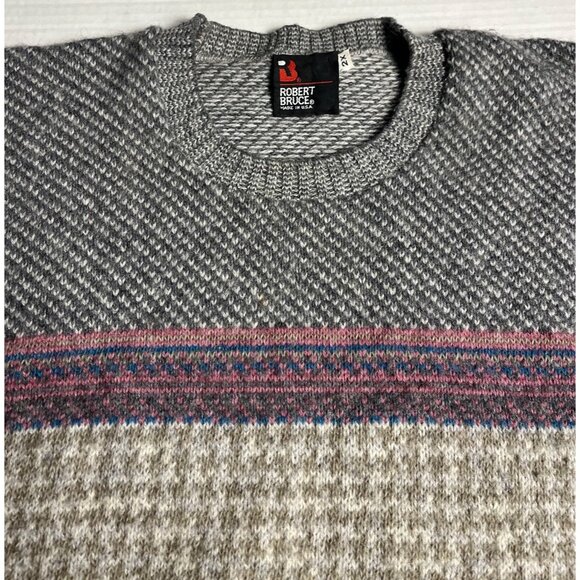 VTG- 80s Robert Bruce Knit Sweater 2XL Multicolor Gray Wool Blend Crewneck USA - Picture 5 of 9